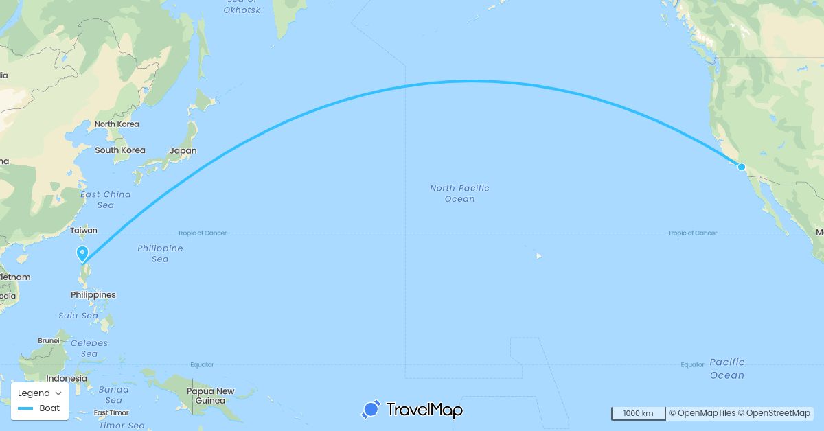 TravelMap itinerary: driving, boat in Philippines, United States (Asia, North America)